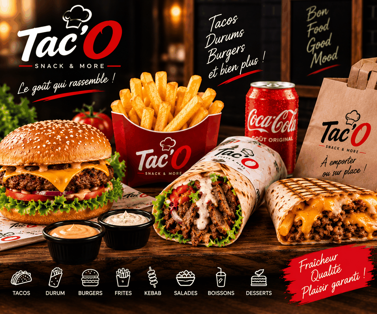 Assortiment Tac'O : burger, frites, durum kebab et tacos gourmand