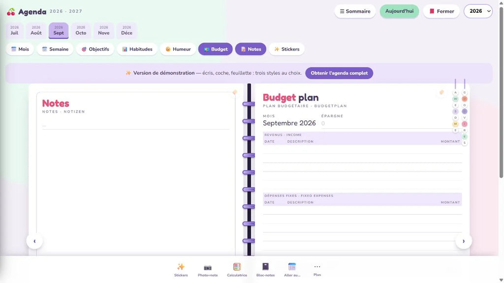 Feuille Budget réelle de l’agenda numérique 2026–2027 sur tablette ou ordinateur