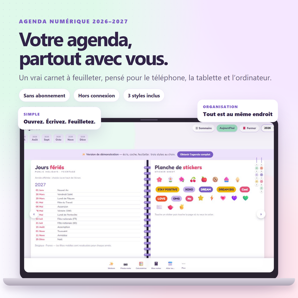 Agenda numérique 2026–2027 pour téléphone et ordinateur