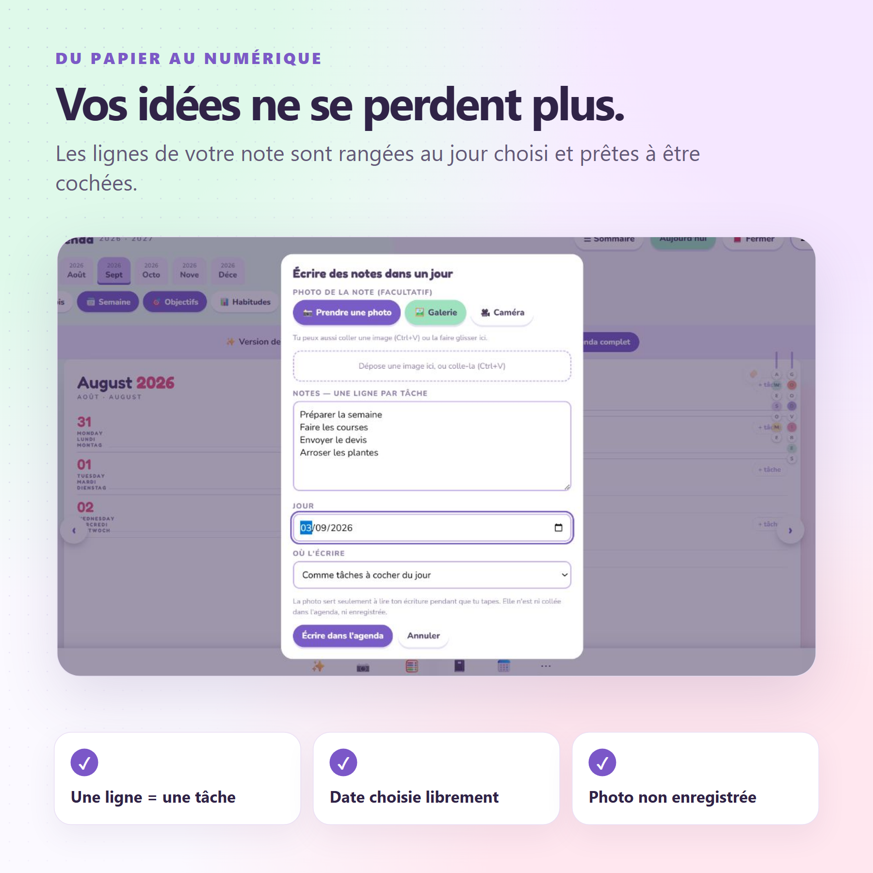 Notes datées et vue semaine de l'agenda numérique