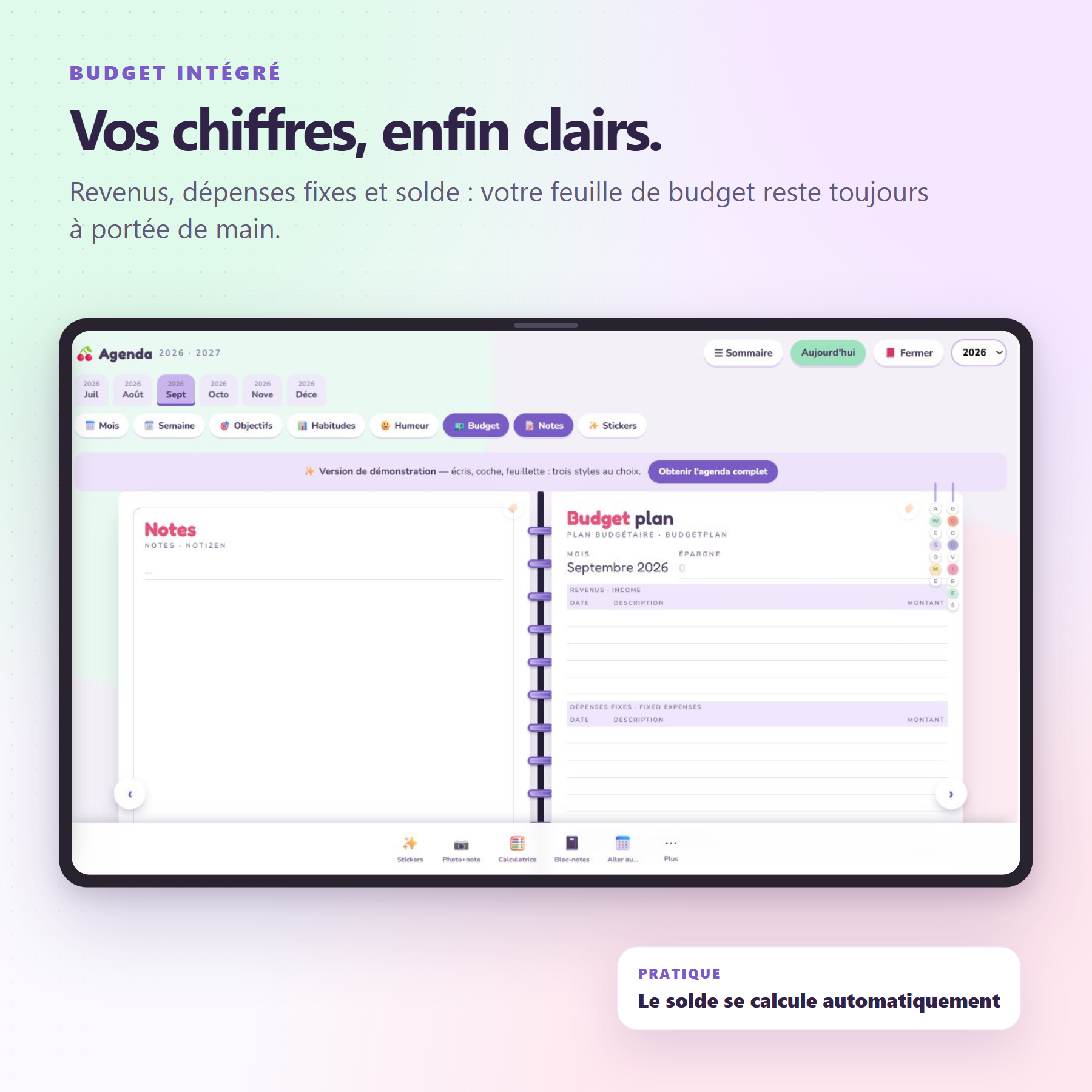 Feuille budget avec revenus, dépenses et solde restant