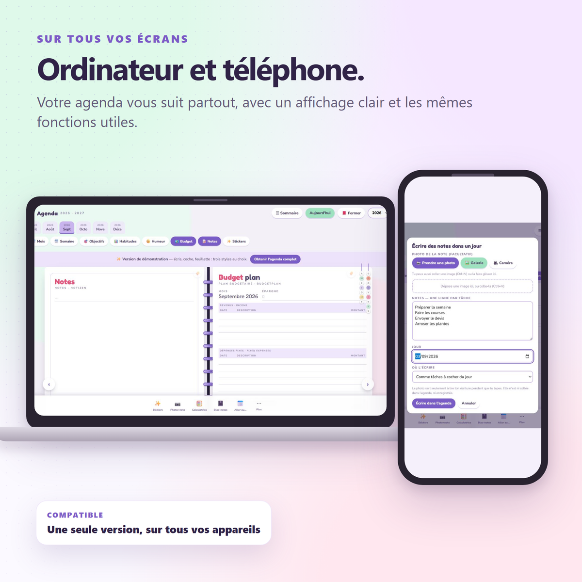 Agenda numérique 2026–2027 pour téléphone et ordinateur