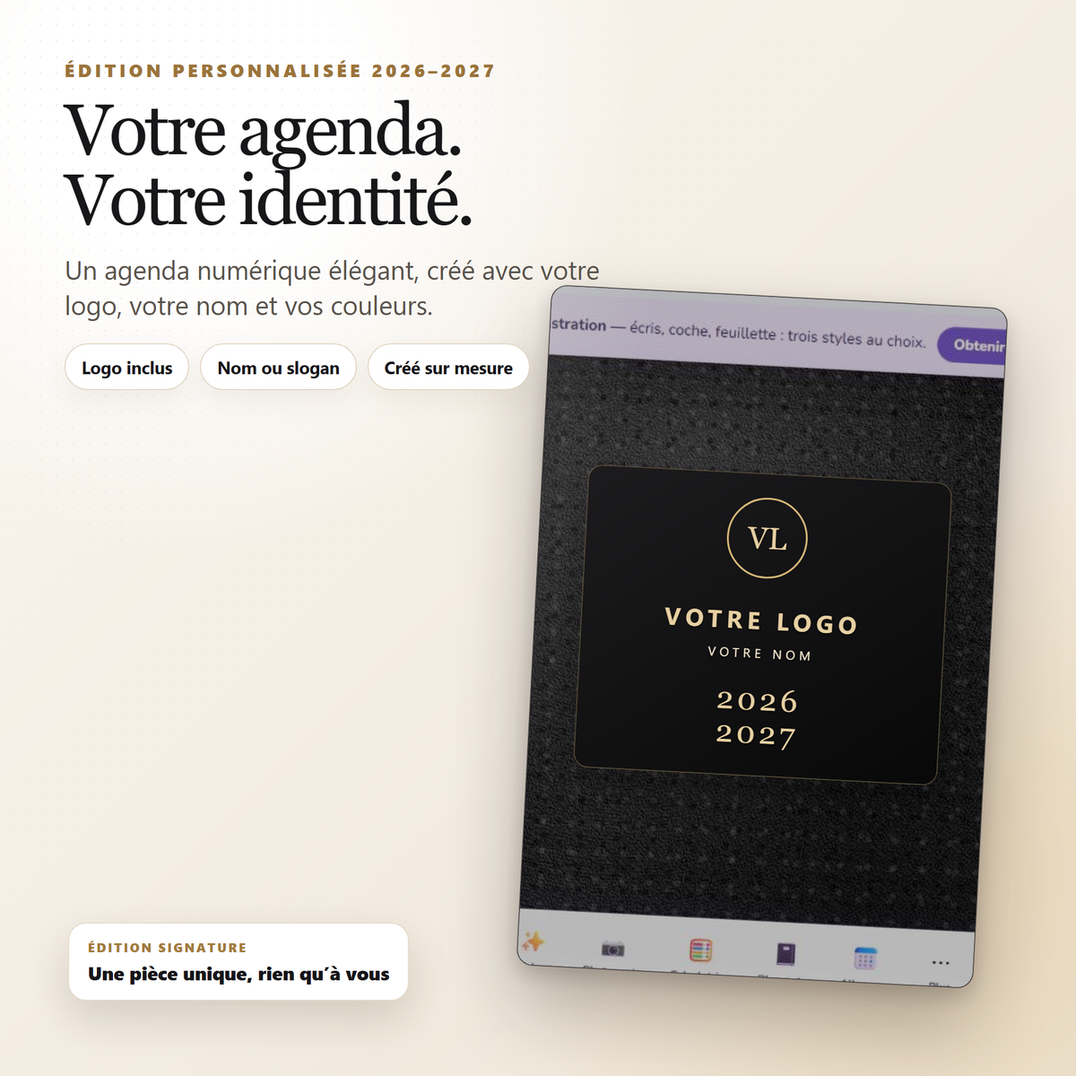 Édition personnalisée — ton agenda 2026–2027 à tes couleurs
