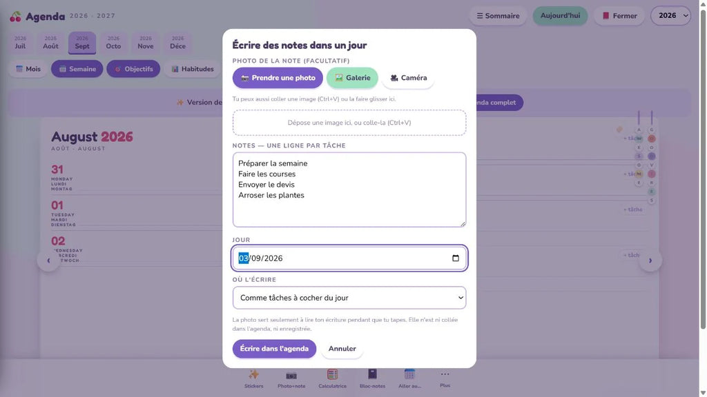 Photo de notes ajoutées comme tâches au jour choisi dans l’agenda numérique 2026–2027