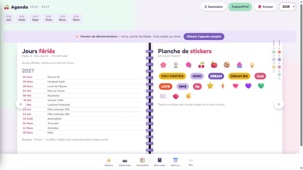Planche de stickers et jours fériés de l’agenda numérique 2026–2027